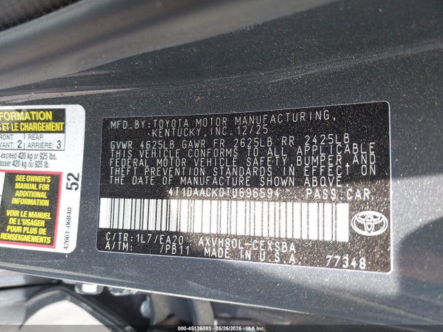45136093 :رقم المزاد ، 4T1DAACK0TU696594 vin ، 2026 Toyota Camry Se مزاد بيع