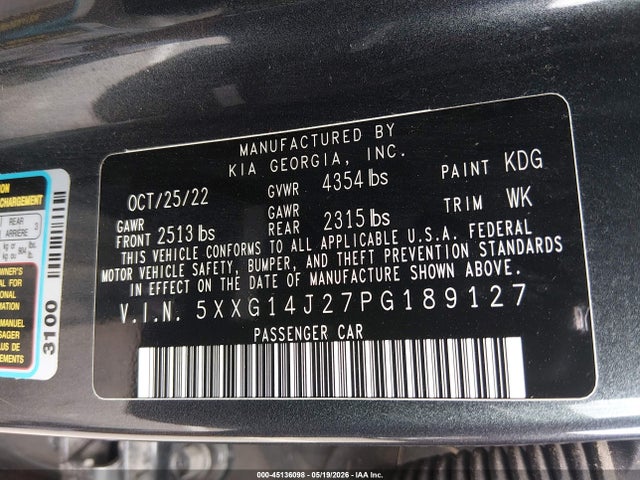 45136098 :رقم المزاد ، 5XXG14J27PG189127 vin ، 2023 Kia K5 Lxs مزاد بيع