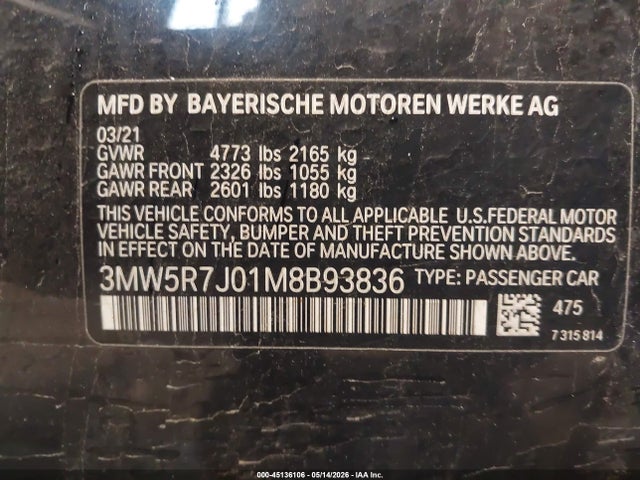 Aukcja sprzedaży 2021 Bmw 330i Xdrive, vin: 3MW5R7J01M8B93836, numer aukcji: 45136106