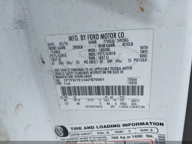 Aukcja sprzedaży 2010 Ford F-150 Fx4/harley-davidson/king Ranch/lariat/platinum/xl/xlt, vin: 1FTFW1EV3AFB70001, numer aukcji: 45136109