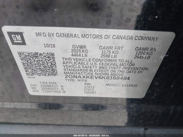 Aukcja sprzedaży 2019 Chevrolet Equinox Lt, vin: 2GNAXKEV6K6168484, numer aukcji: 45136118