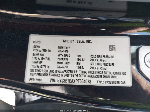 Tesla Model 3 Rear-wheel Drive 2023 5YJ3E1EAXPF664078 Image 9