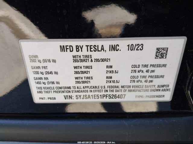 Aukcja sprzedaży 2023 Tesla Model S Dual Motor All-wheel Drive/standard Range, vin: 5YJSA1E51PF526407, numer aukcji: 45136120