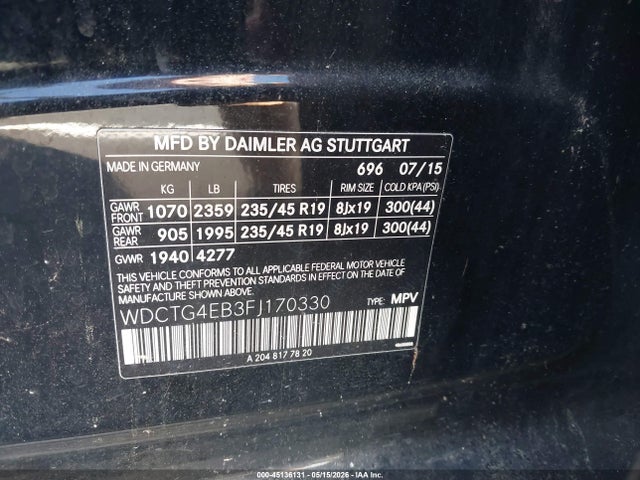 45136131 :رقم المزاد ، WDCTG4EB3FJ170330 vin ، 2015 Mercedes-benz Gla 250 مزاد بيع
