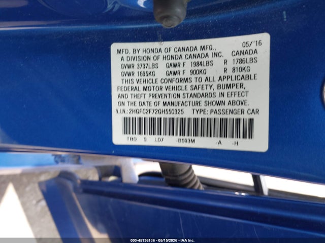 Honda CIVIC EX 2016 2HGFC2F72GH550325 Image 9