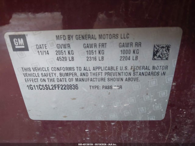 2015 Chevrolet Malibu 1lt მანქანა იყიდება აუქციონზე, vin: 1G11C5SL2FF220836, აუქციონის ნომერი: 45136154