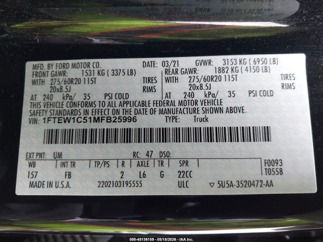 45136159 :رقم المزاد ، 1FTEW1C51MFB25996 vin ، 2021 Ford F-150 Xlt مزاد بيع