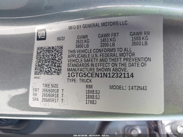 45136166 :رقم المزاد ، 1GTG5CEN1N1232114 vin ، 2022 Gmc Canyon 2wd  Short Box Elevation مزاد بيع