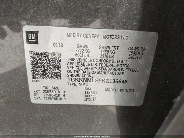 45136169 :رقم المزاد ، 1GKKNMLS9KZ136645 vin ، 2019 Gmc Acadia Slt-1 مزاد بيع