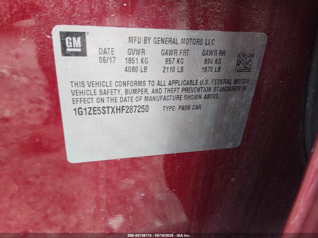 2017 Chevrolet Malibu 1lt მანქანა იყიდება აუქციონზე, vin: 1G1ZE5STXHF287250, აუქციონის ნომერი: 45136174