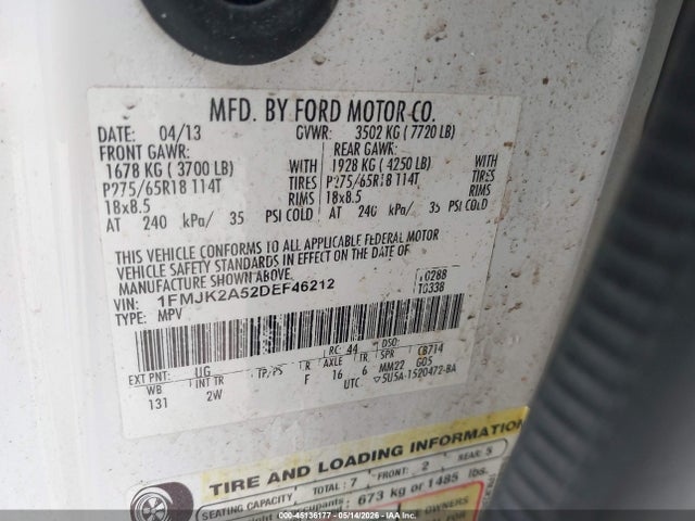 45136177 :رقم المزاد ، 1FMJK2A52DEF46212 vin ، 2013 Ford Expedition El Limited مزاد بيع