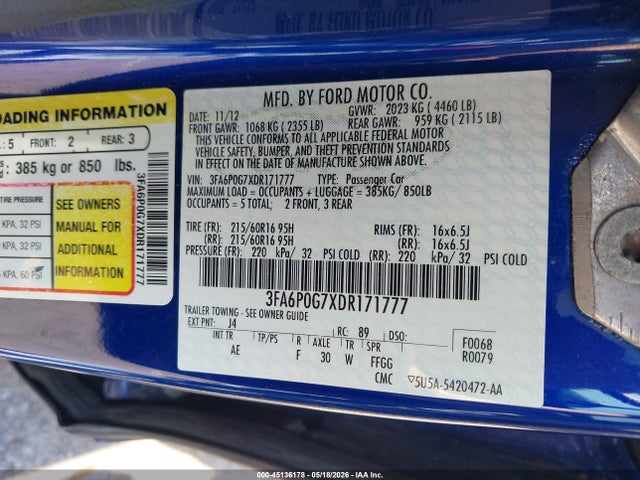 2013 Ford Fusion S მანქანა იყიდება აუქციონზე, vin: 3FA6P0G7XDR171777, აუქციონის ნომერი: 45136178