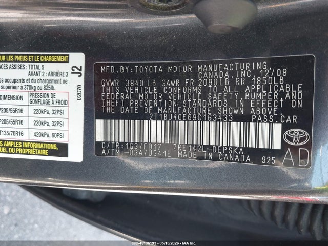 Aukcja sprzedaży 2009 Toyota Corolla S, vin: 2T1BU40E69C163433, numer aukcji: 45136193