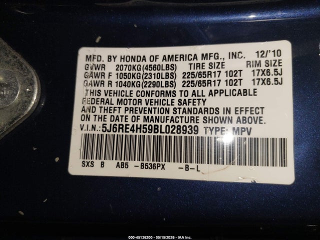 Продажа на аукционе авто 2011 Honda Cr-v Ex, vin: 5J6RE4H59BL028939, номер лота: 45136200