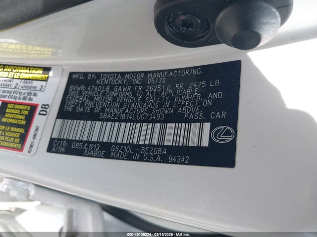 Aukcja sprzedaży 2020 Lexus Es 350 Luxury, vin: 58AEZ1B14LU073493, numer aukcji: 45136224