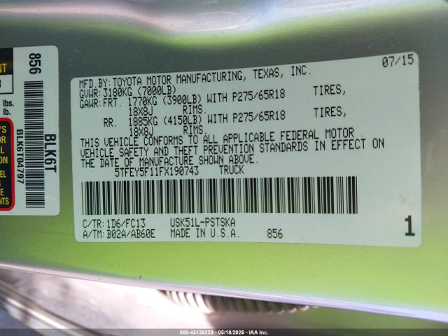 Продаж на аукціоні авто 2015 Toyota Tundra Sr5 5.7l V8, vin: 5TFEY5F11FX190743, номер лоту: 45136229