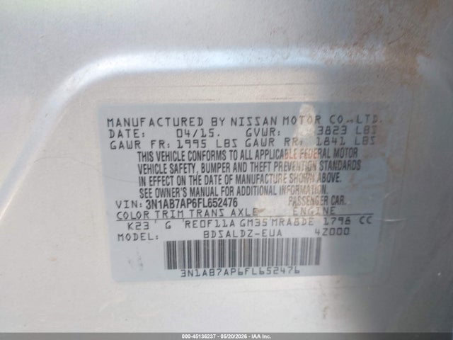 3N1AB7AP6FL652476 Nissan Sentra Fe+ S/s/sl/sr/sv