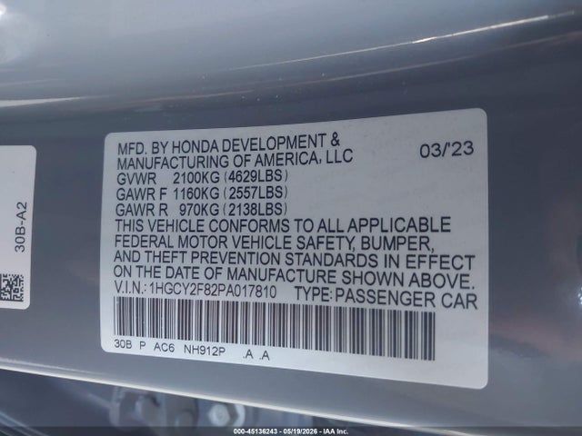 1HGCY2F82PA017810 Honda Accord Hybrid Touring