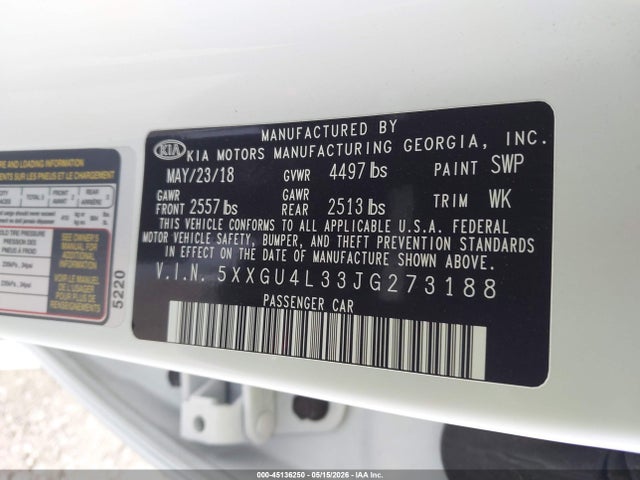 Aukcja sprzedaży 2018 Kia Optima Ex, vin: 5XXGU4L33JG273188, numer aukcji: 45136250