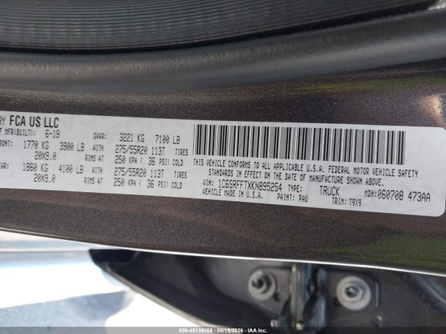 45136256 :رقم المزاد ، 1C6SRFFTXKN895254 vin ، 2019 Ram 1500 Big Horn/lone Star  4x4 5'7 Box مزاد بيع