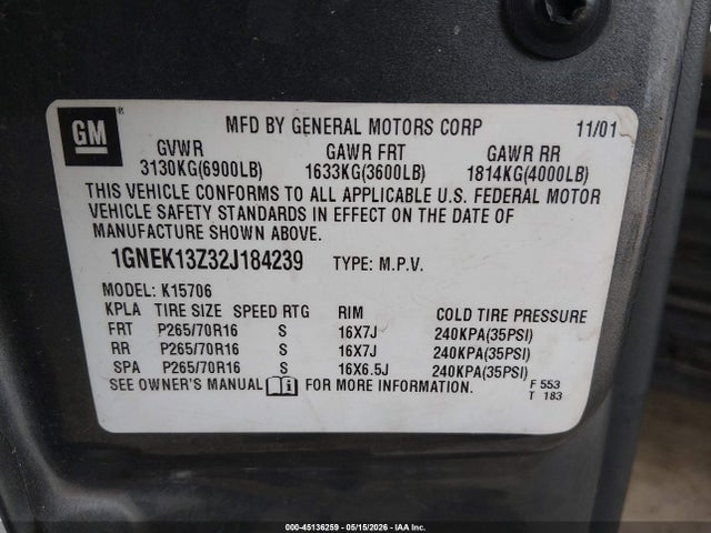 45136259 :رقم المزاد ، 1GNEK13Z32J184239 vin ، 2002 Chevrolet Tahoe Lt مزاد بيع