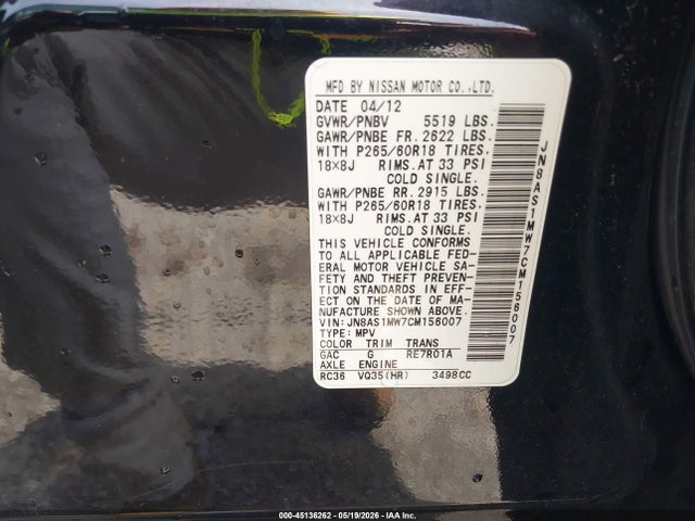 Aukcja sprzedaży 2012 Infiniti Fx35, vin: JN8AS1MW7CM156007, numer aukcji: 45136262