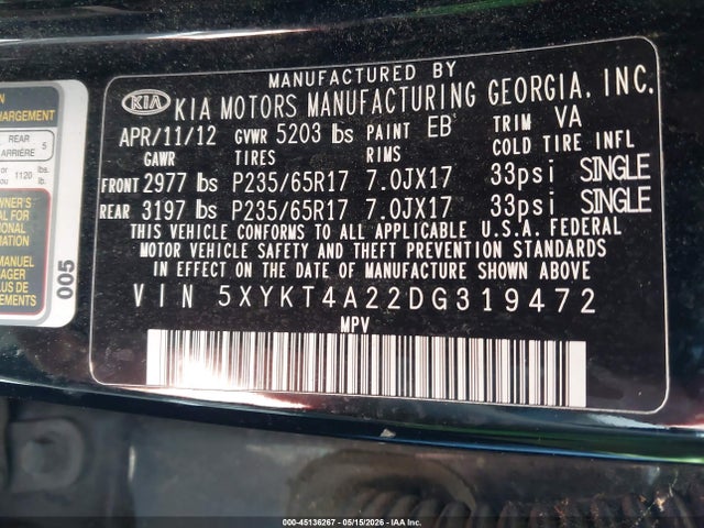 Aukcja sprzedaży 2013 Kia Sorento Lx V6, vin: 5XYKT4A22DG319472, numer aukcji: 45136267