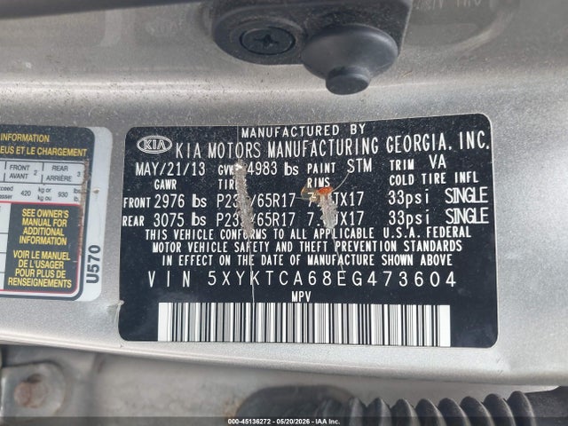 Продажа на аукционе авто 2014 Kia Sorento Lx, vin: 5XYKTCA68EG473604, номер лота: 45136272