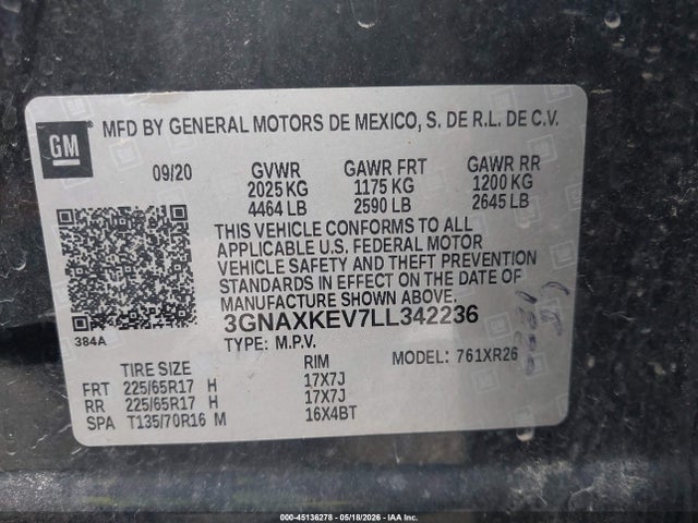 3GNAXKEV7LL342236 Chevrolet Equinox Fwd Lt 1.5l Turbo