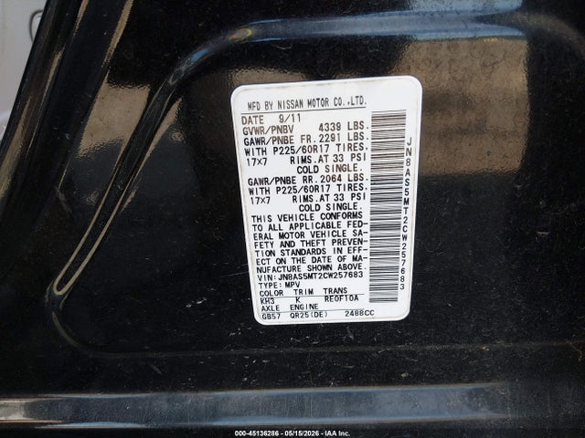 Aukcja sprzedaży 2012 Nissan Rogue Sv, vin: JN8AS5MT2CW257683, numer aukcji: 45136286
