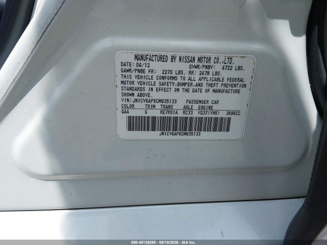 Продаж на аукціоні авто 2012 Infiniti G37 Journey, vin: JN1CV6AP6CM935133, номер лоту: 45136288
