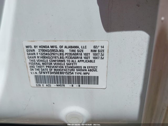 Aukcja sprzedaży 2014 Honda Pilot Ex-l, vin: 5FNYF3H50EB015254, numer aukcji: 45136290