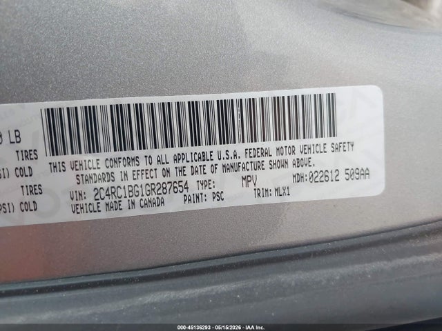 45136293 :رقم المزاد ، 2C4RC1BG1GR287654 vin ، 2016 Chrysler Town & Country Touring مزاد بيع