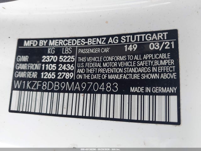 45136296 :رقم المزاد ، W1KZF8DB9MA970483 vin ، 2021 Mercedes-benz E 350 مزاد بيع