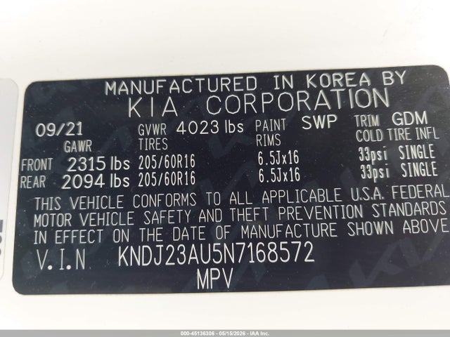 2022 Kia Soul Lx მანქანა იყიდება აუქციონზე, vin: KNDJ23AU5N7168572, აუქციონის ნომერი: 45136306