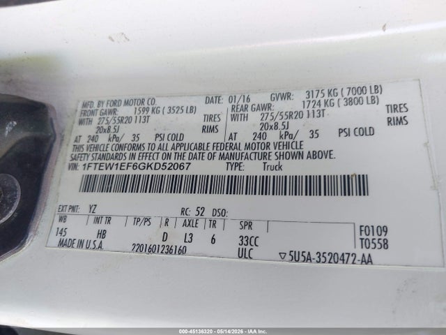 45136320 :رقم المزاد ، 1FTEW1EF6GKD52067 vin ، 2016 Ford F-150 Lariat مزاد بيع