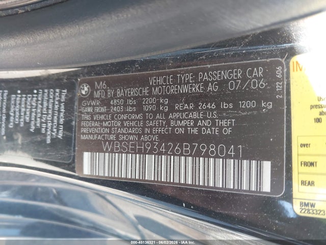 Aukcja sprzedaży 2006 Bmw M6, vin: WBSEH93426B798041, numer aukcji: 45136321