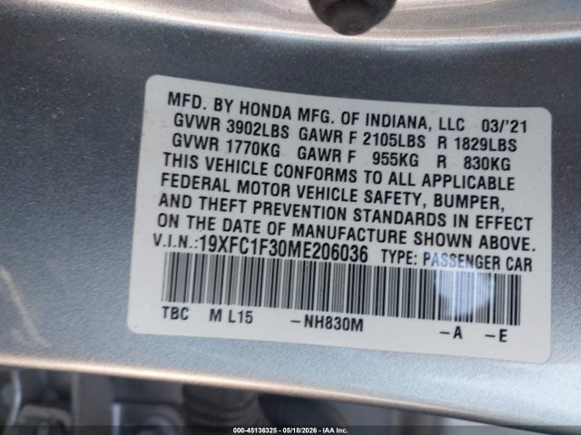 Aukcja sprzedaży 2021 Honda Civic Ex, vin: 19XFC1F30ME206036, numer aukcji: 45136325