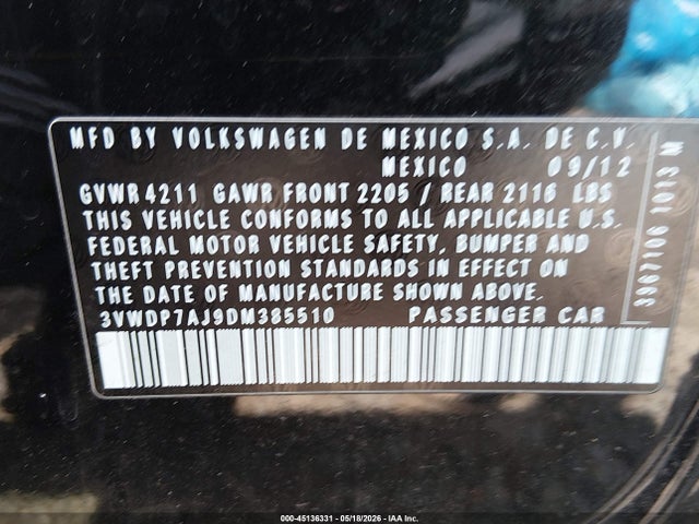 Продаж на аукціоні авто 2013 Volkswagen Jetta 2.5l Se, vin: 3VWDP7AJ9DM385510, номер лоту: 45136331