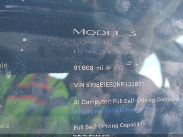 Tesla Model 3 Long Range Dual Motor All-wheel Drive 2022 5YJ3E1EB2NF332951 Image 15