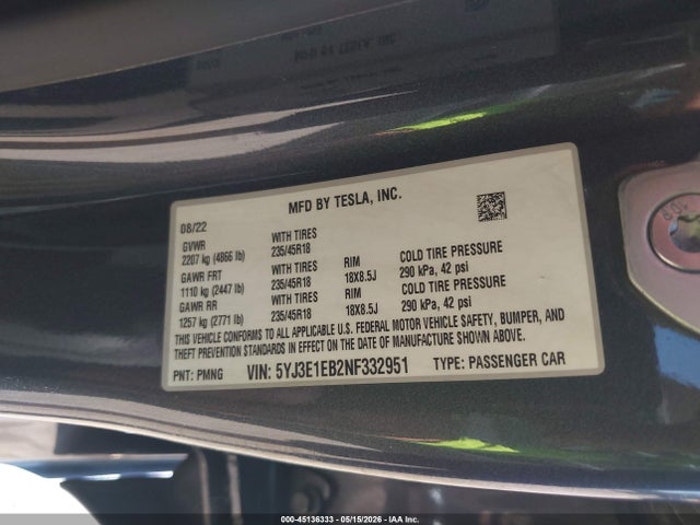 Tesla Model 3 Long Range Dual Motor All-wheel Drive 2022 5YJ3E1EB2NF332951 Image 9