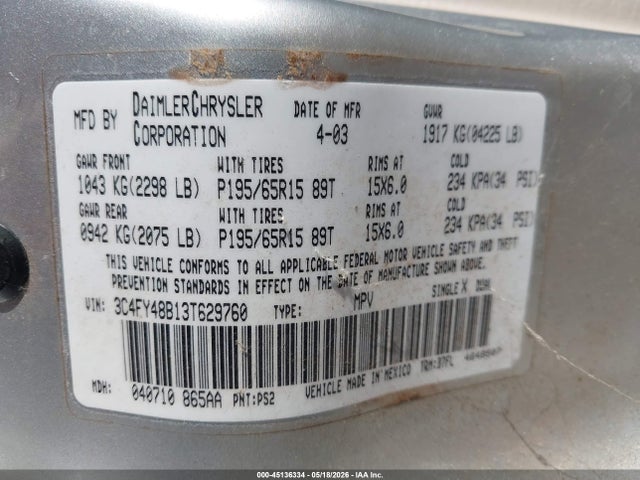 Продажа на аукционе авто 2003 Chrysler Pt Cruiser, vin: 3C4FY48B13T629760, номер лота: 45136334