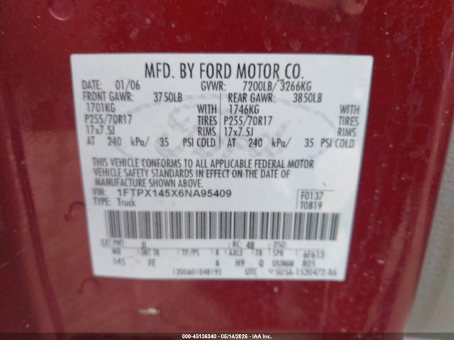 Продаж на аукціоні авто 2006 Ford F-150 Fx4/lariat/xl/xlt, vin: 1FTPX145X6NA95409, номер лоту: 45136340
