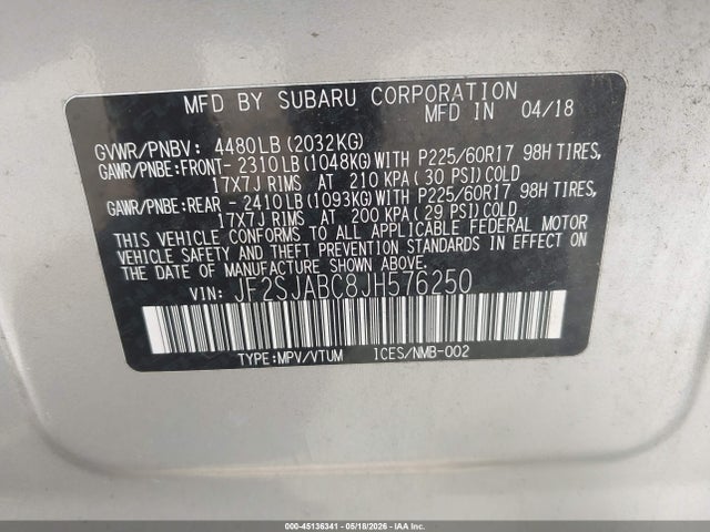 2018 Subaru Forester 2.5i მანქანა იყიდება აუქციონზე, vin: JF2SJABC8JH576250, აუქციონის ნომერი: 45136341