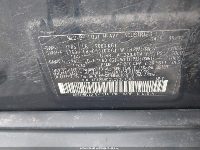 45136349 :رقم المزاد ، 4S4BRBKC5C3301668 vin ، 2012 Subaru Outback 2.5i Limited مزاد بيع