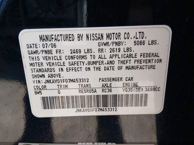 Продажа на аукционе авто 2007 Infiniti M35x, vin: JNKAY01F07M453312, номер лота: 45136350