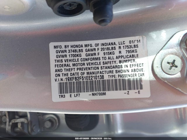 Продажа на аукционе авто 2014 Honda Civic Lx, vin: 19XFB2F51EE210138, номер лота: 45136351