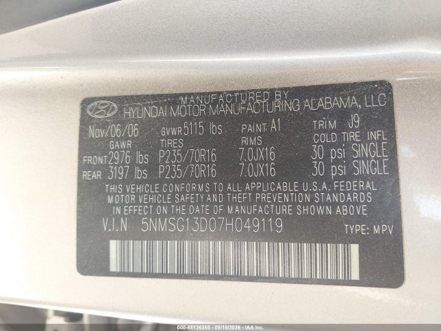 Продаж на аукціоні авто 2007 Hyundai Santa Fe Gls, vin: 5NMSG13D07H049119, номер лоту: 45136355