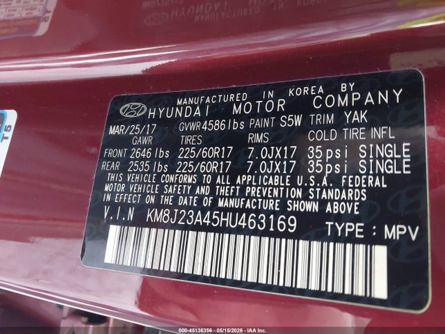 2017 Hyundai Tucson Se მანქანა იყიდება აუქციონზე, vin: KM8J23A45HU463169, აუქციონის ნომერი: 45136356