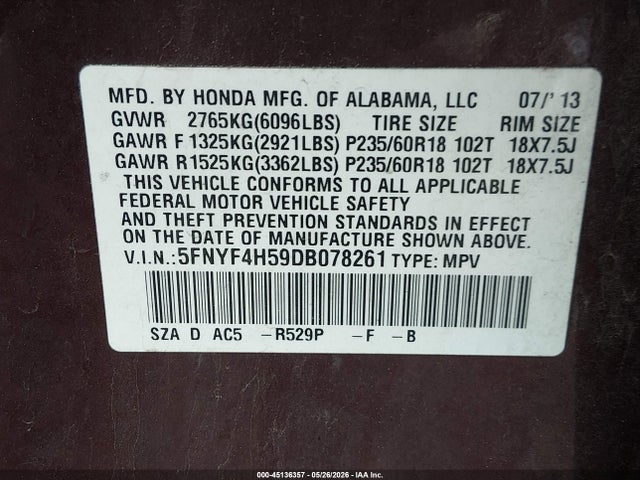 2013 Honda Pilot Ex-l მანქანა იყიდება აუქციონზე, vin: 5FNYF4H59DB078261, აუქციონის ნომერი: 45136357